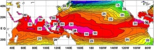 2023年6月の海面水温図（上）、平年偏差図（下）（気象庁資料より）